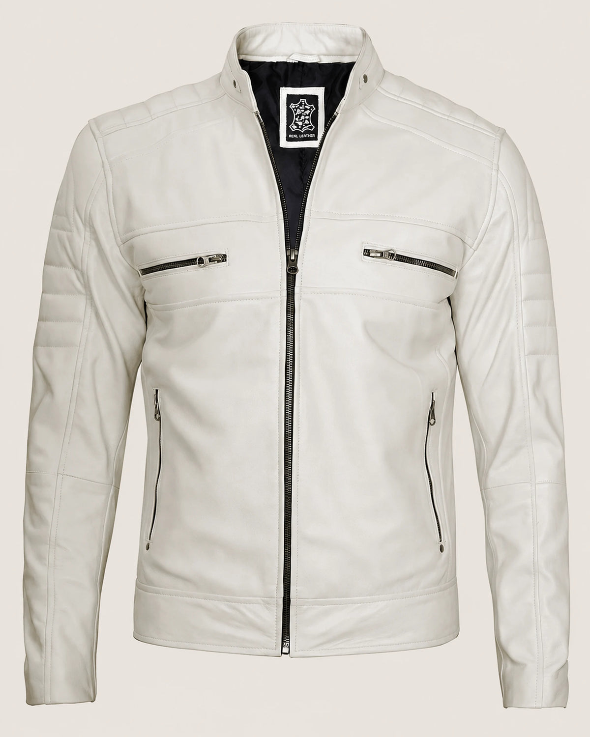 Luxury Men’s Off White Biker Leather Jacket with Mandarin Collar