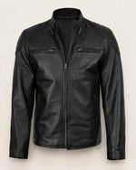 Classic Men's Black Real Leather Biker Jacket with Padded Shoulders