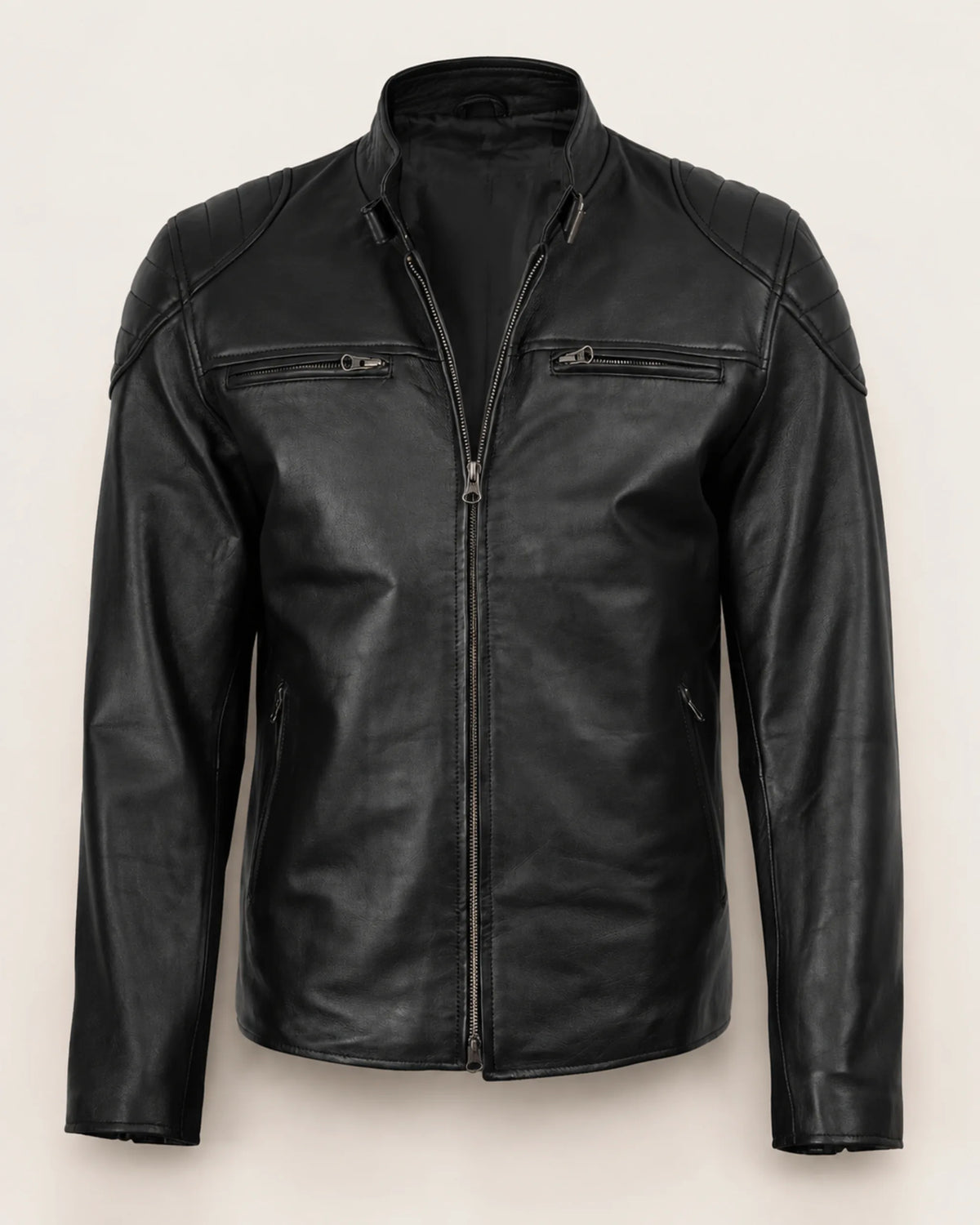 Classic Men's Black Real Leather Biker Jacket with Padded Shoulders