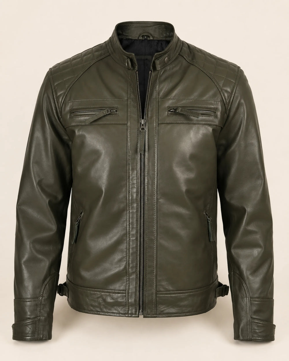 Premium Men's Olive Green Quilted Shoulder Biker Leather Jacket