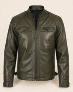 Premium Men's Olive Green Quilted Shoulder Biker Leather Jacket