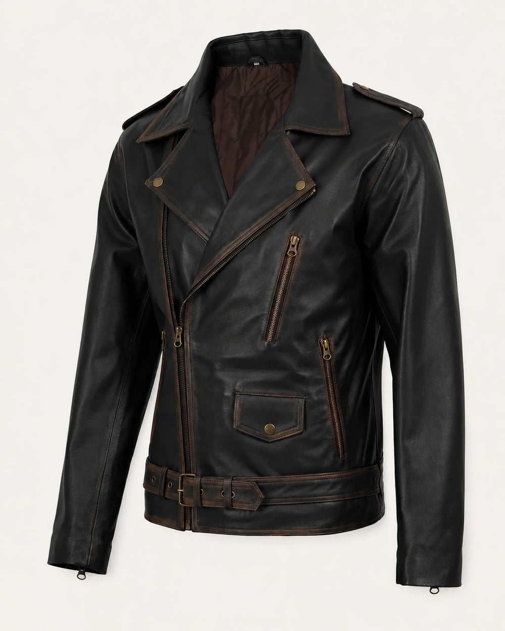 Classic Men's Distressed Dark Brown Leather Biker Jacket with Belt