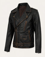 Classic Men's Distressed Dark Brown Leather Biker Jacket with Belt