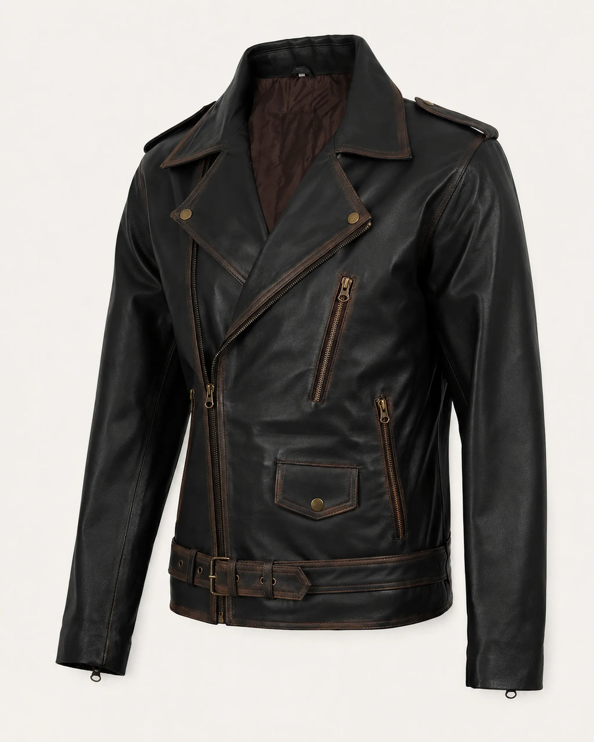 Classic Men's Distressed Dark Brown Leather Biker Jacket with Belt