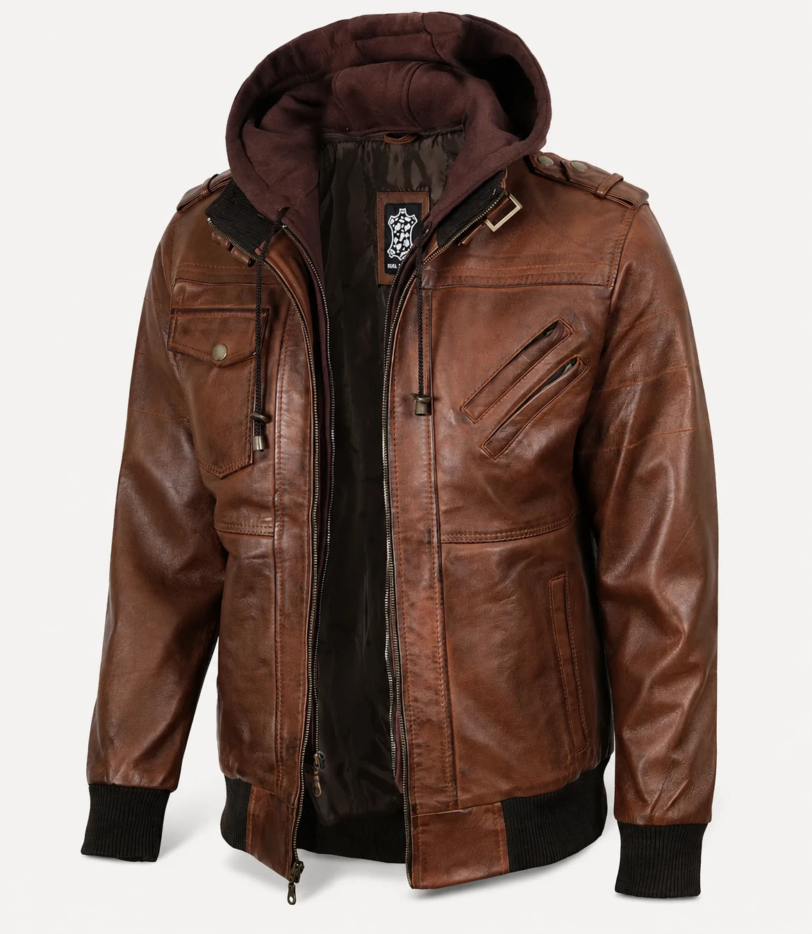 The Royal Men’s Cognac Real Lambskin Leather Bomber Jacket with Removable Hood