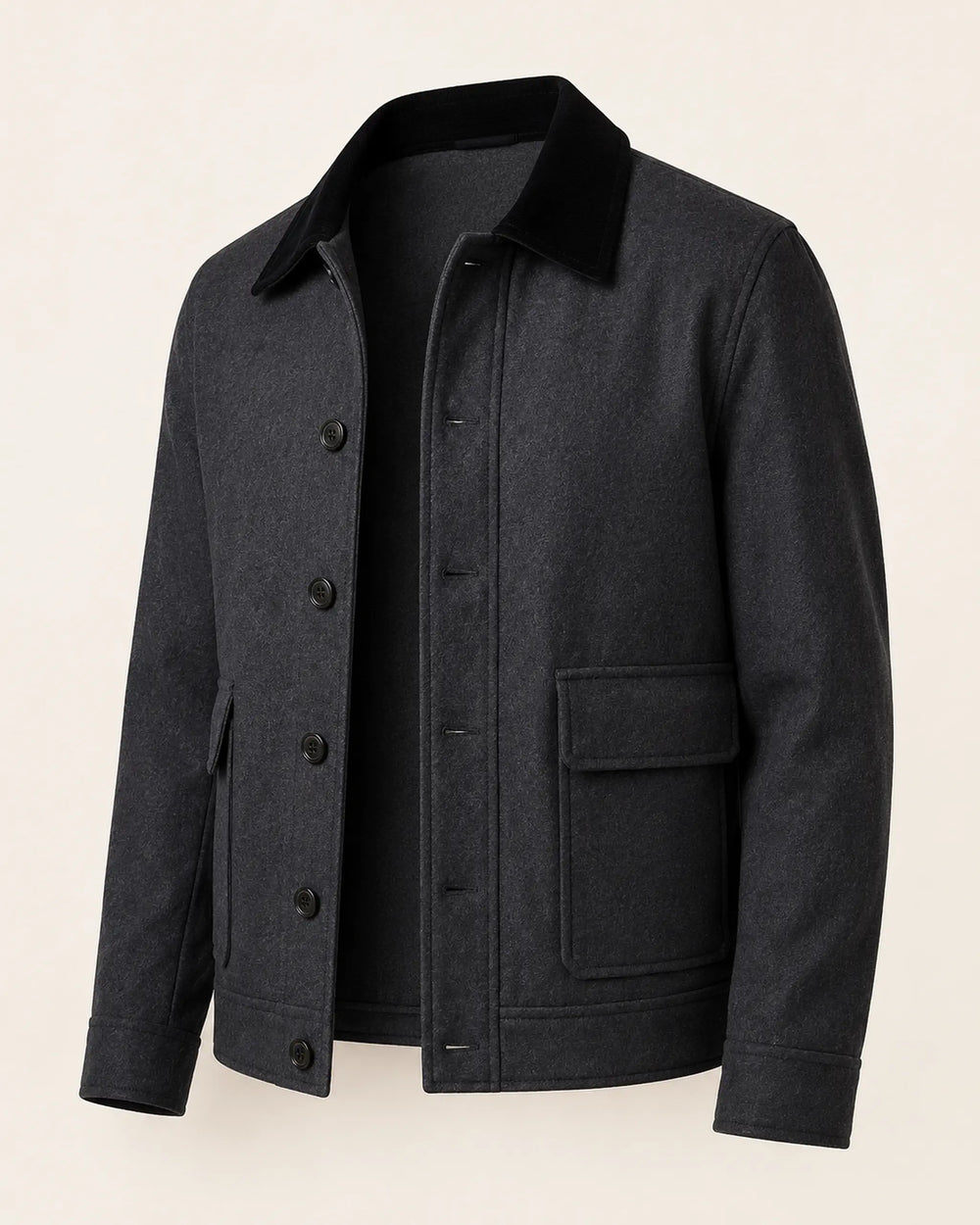 Classic Men's Charcoal Grey Wool Utility Jacket with Black Collar
