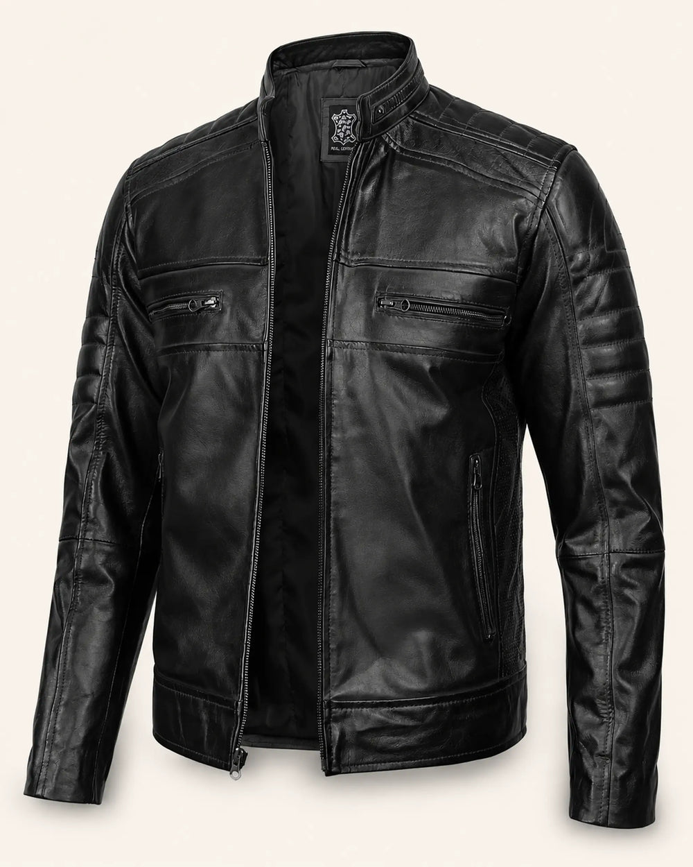 Modern Men's Black Real Leather Biker-Style Jacket with Stand-Up Collar