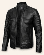 Modern Men's Black Real Leather Biker-Style Jacket with Stand-Up Collar