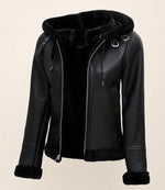 Women’s Black Hooded Leather Jacket with Faux Fur Trim