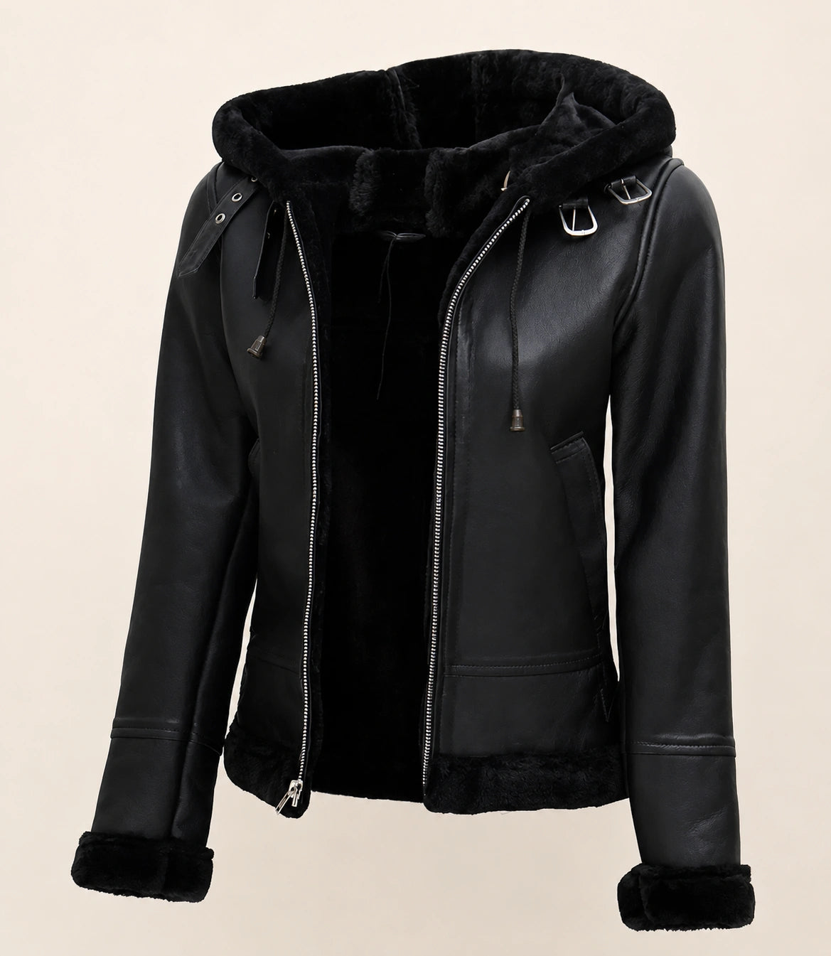 Women’s Black Hooded Leather Jacket with Faux Fur Trim