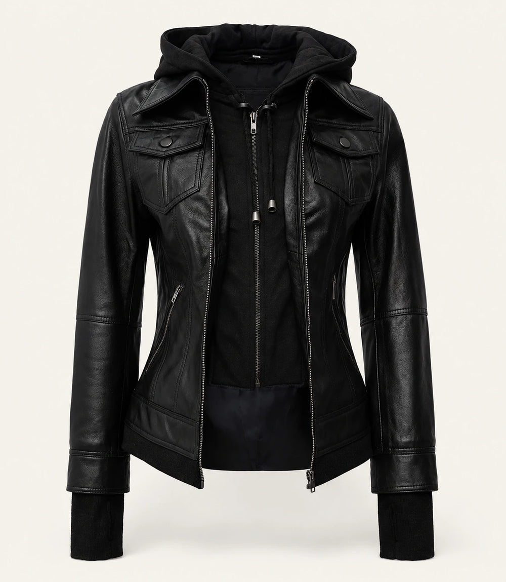 Women's Black Hooded Leather Jacket — Removable Hood