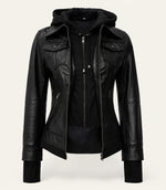 Women's Black Hooded Leather Jacket — Removable Hood
