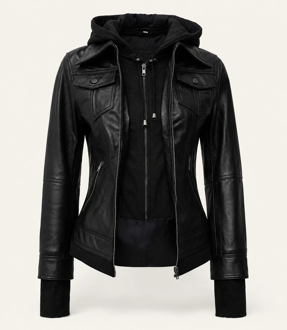 Women's Black Hooded Leather Jacket — Removable Hood