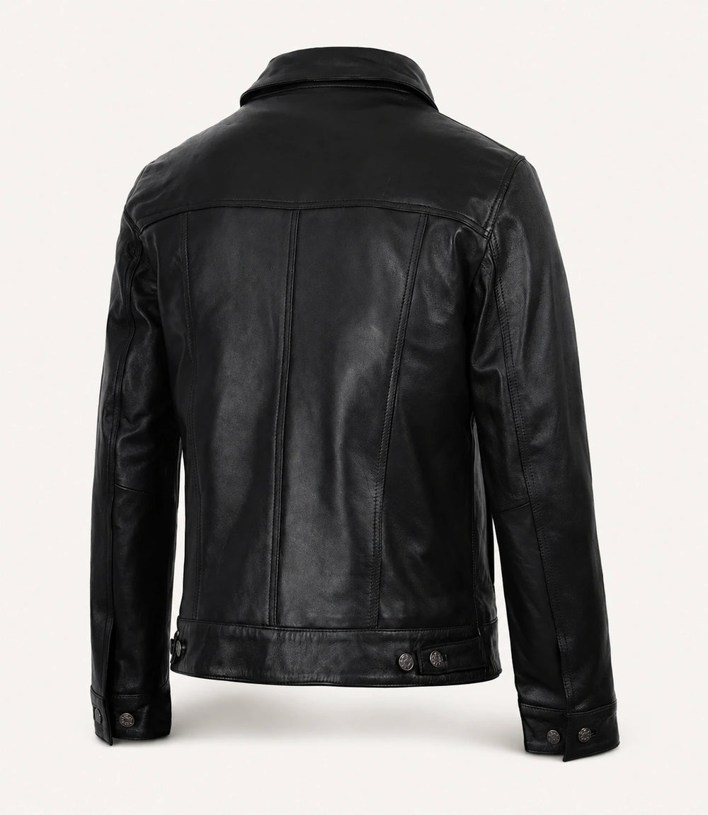 Men’s Black Leather Trucker Jacket with Shirt Collar