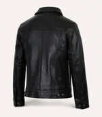 Men’s Black Leather Trucker Jacket with Shirt Collar
