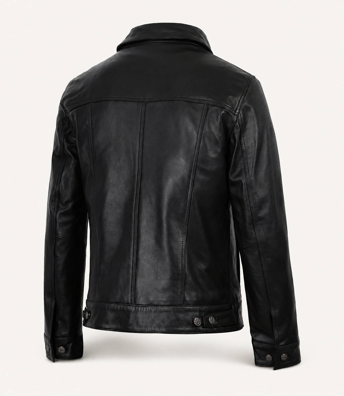 Men’s Black Leather Trucker Jacket with Shirt Collar