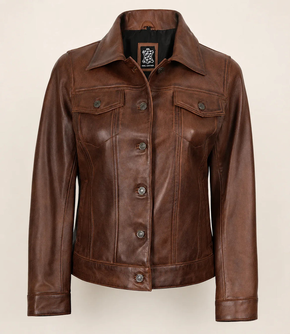 Women's Cognac Brown Trucker Leather Jacket