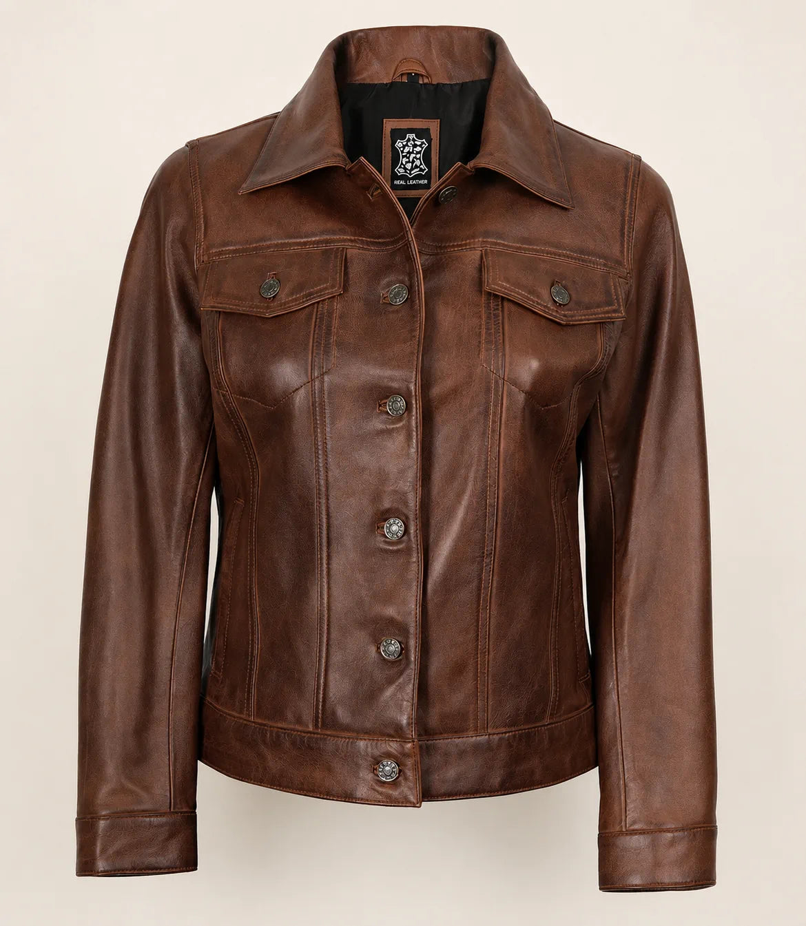 Women's Cognac Brown Trucker Leather Jacket