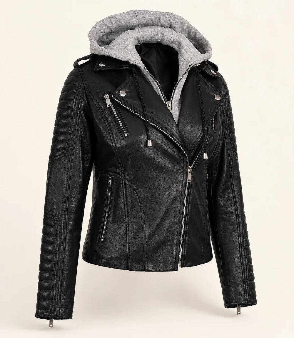 Women's Black Biker Real Leather Jacket — Removable Hood