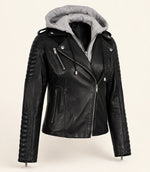 Women's Black Biker Real Leather Jacket — Removable Hood