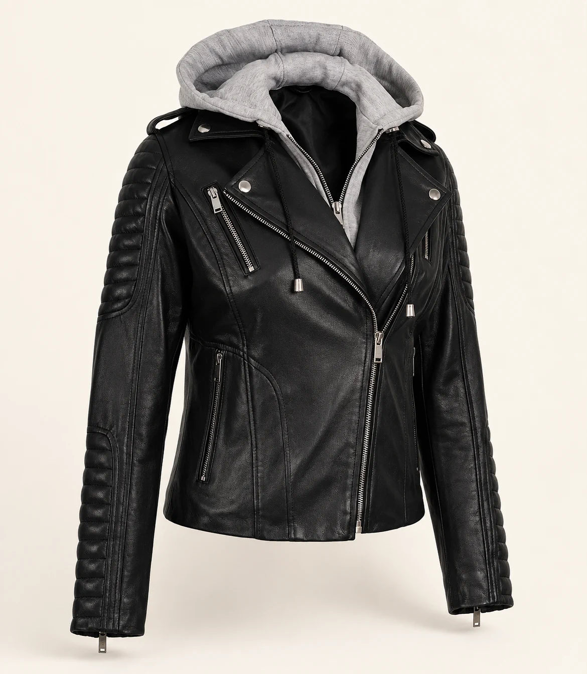 Women's Black Biker Real Leather Jacket — Removable Hood