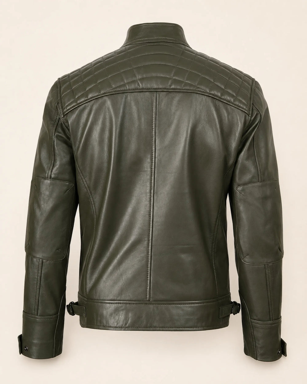Premium Men's Olive Green Quilted Shoulder Biker Leather Jacket