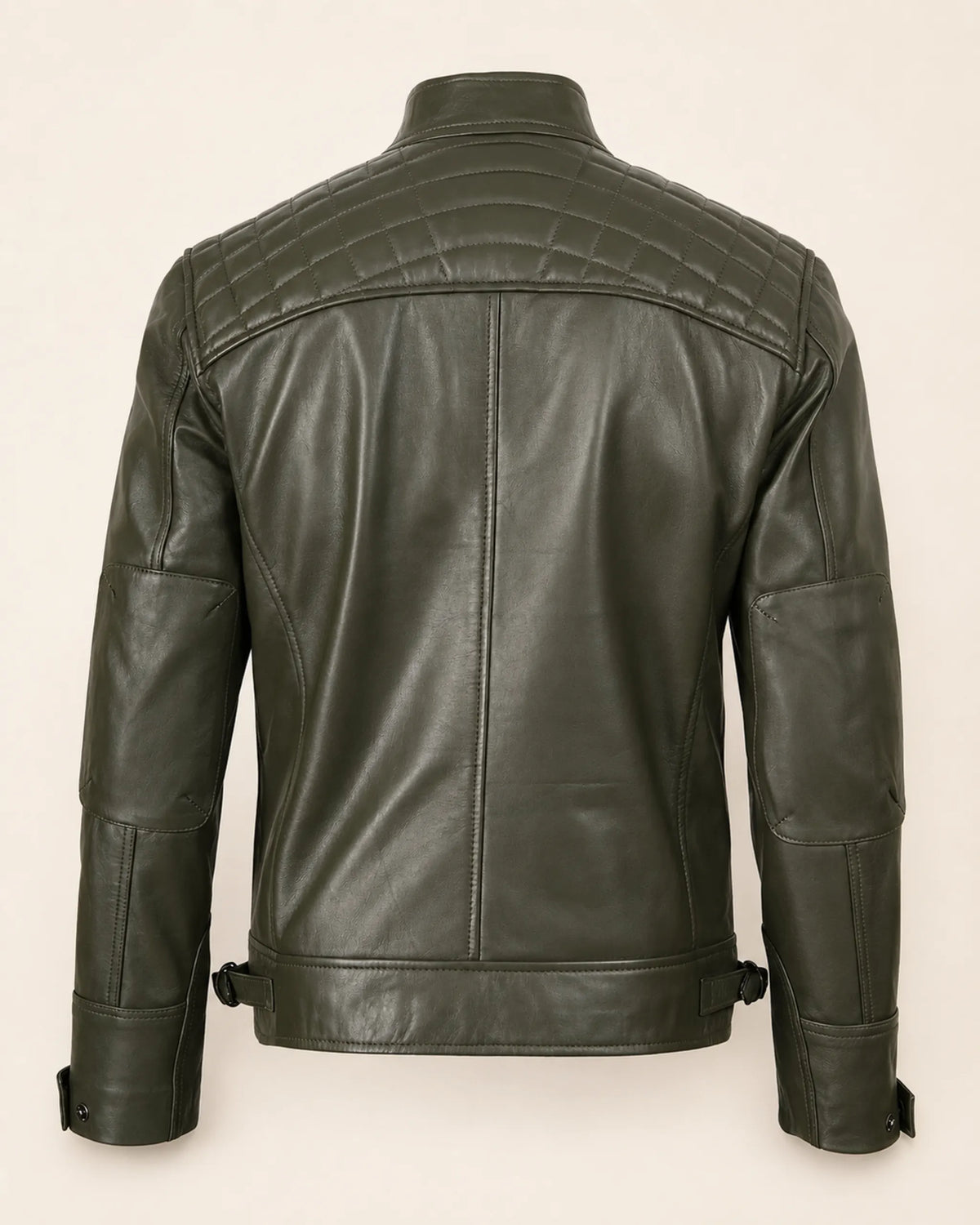 Premium Men's Olive Green Quilted Shoulder Biker Leather Jacket