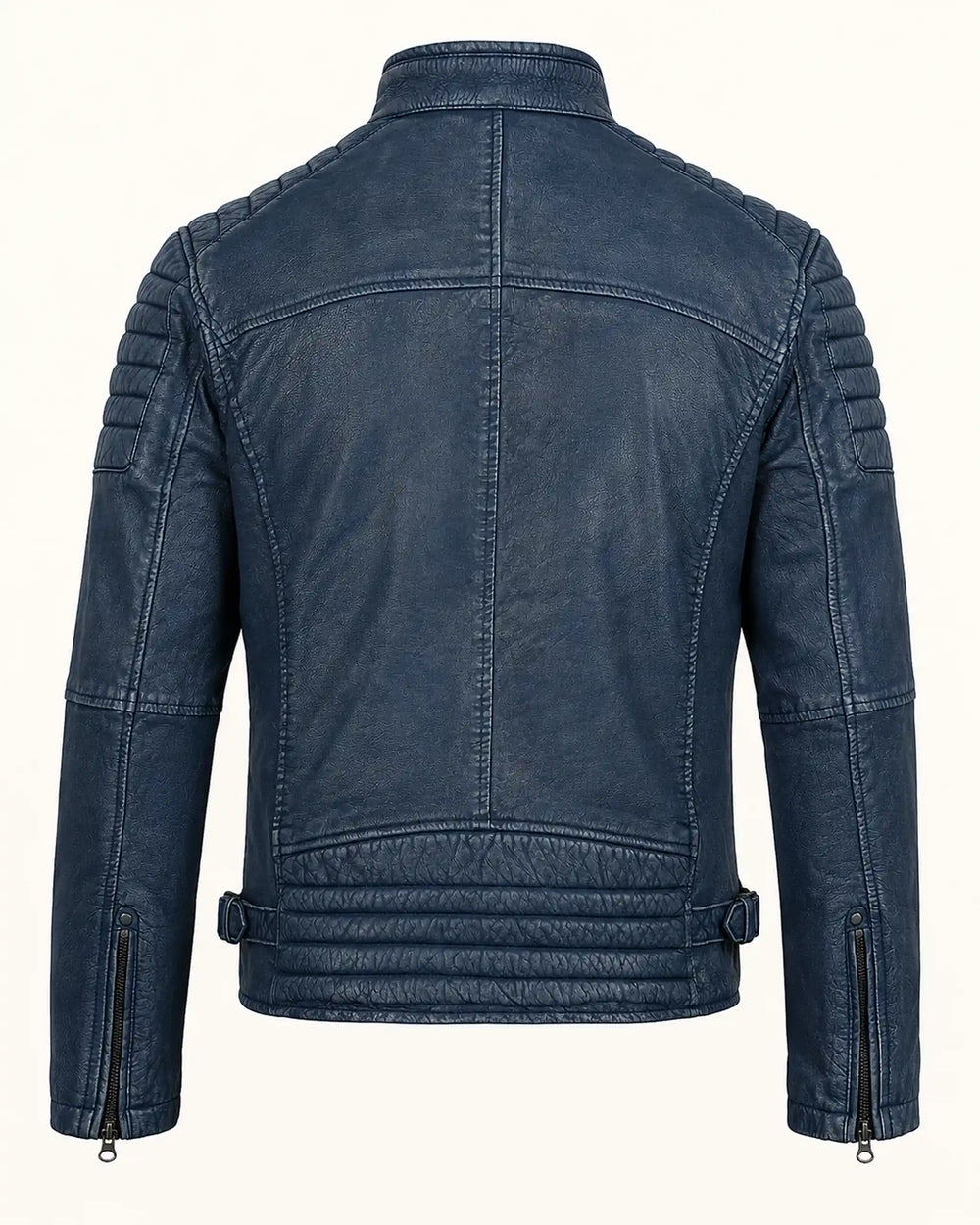 Luxury Men's Washed Blue Biker Leather Jacket with Zip Cuffs