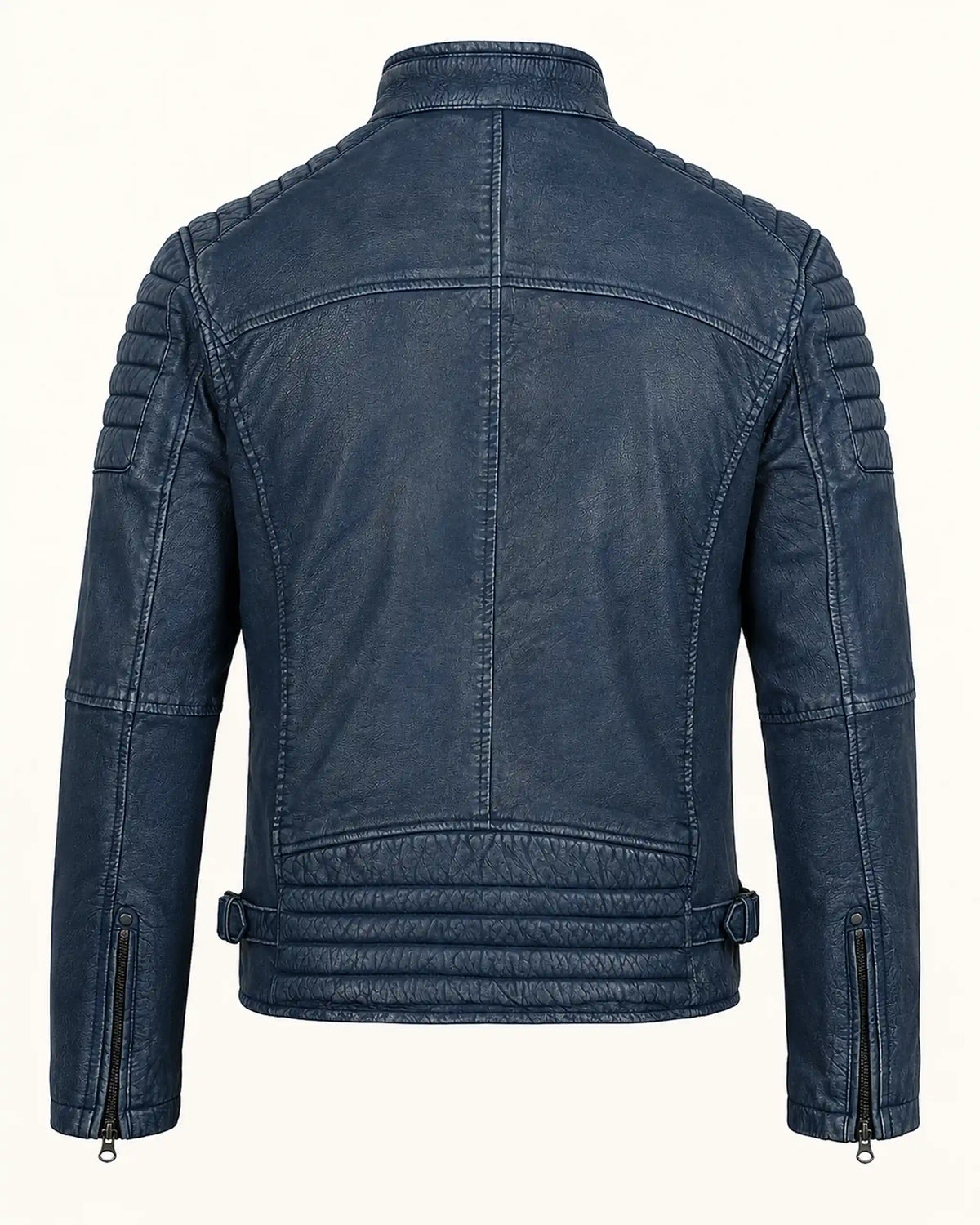 Luxury Men's Washed Blue Biker Leather Jacket with Zip Cuffs