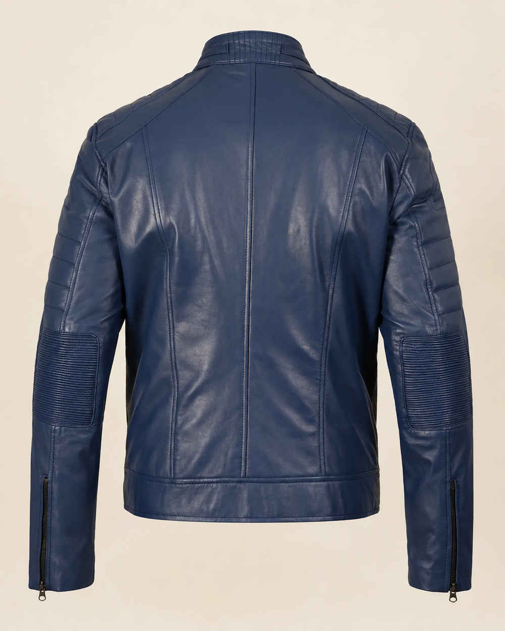 Classic Men's Blue Café Racer Leather Biker Jacket with Zip Cuffs