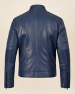 Classic Men's Blue Café Racer Leather Biker Jacket with Zip Cuffs