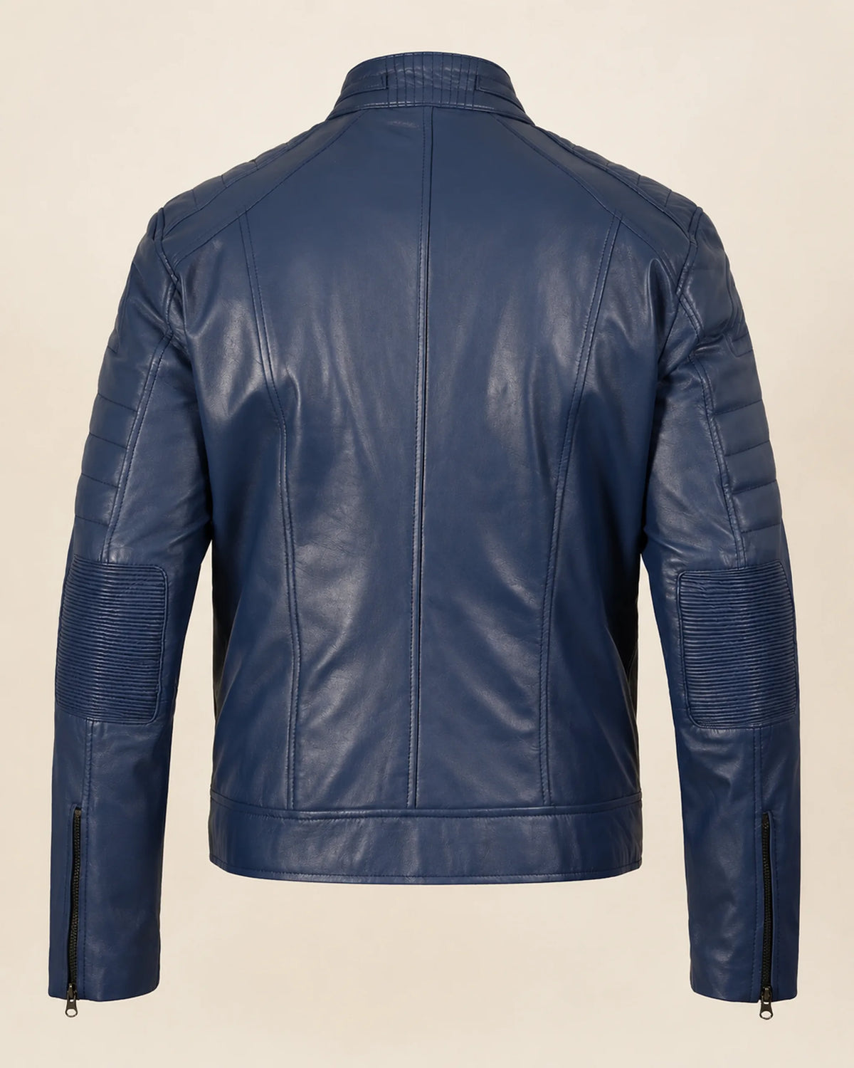 Classic Men's Blue Café Racer Leather Biker Jacket with Zip Cuffs