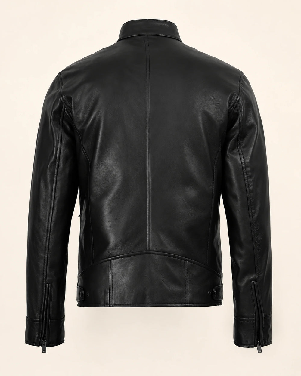 Modern Men's Black Biker Style Leather Jacket with Mandarin Collar