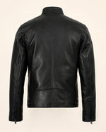 Modern Men's Black Biker Style Leather Jacket with Mandarin Collar