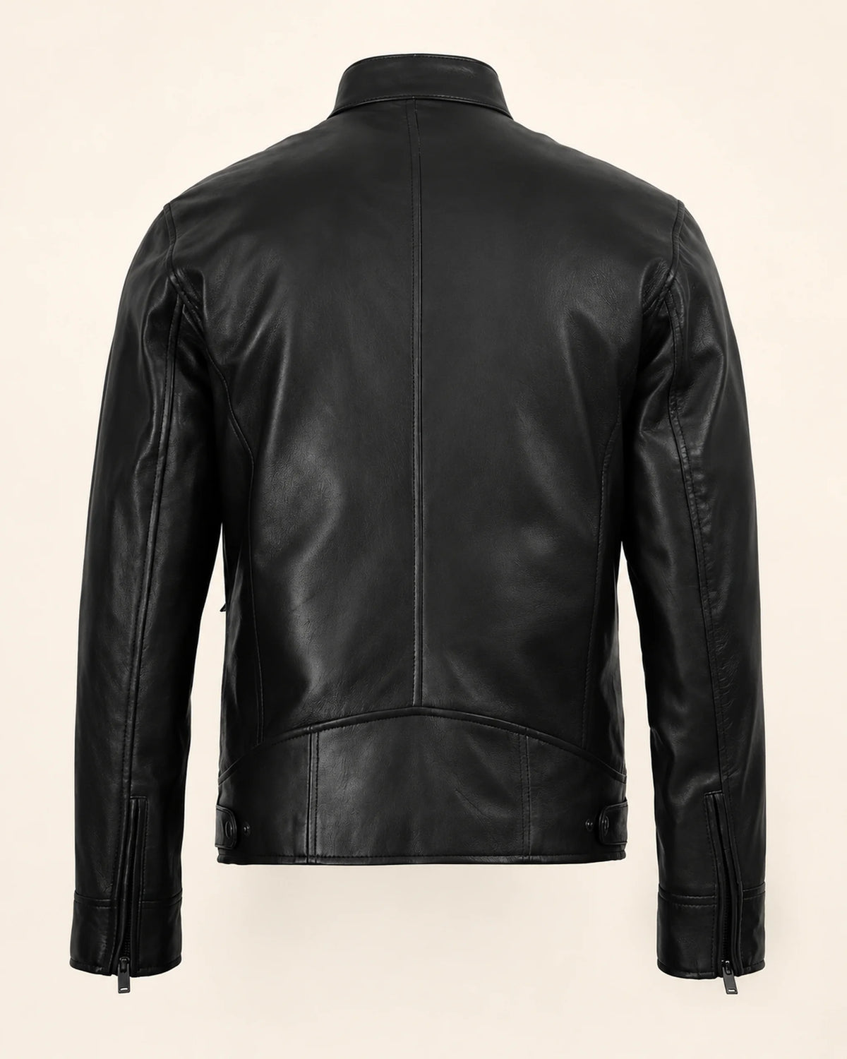 Modern Men's Black Biker Style Leather Jacket with Mandarin Collar