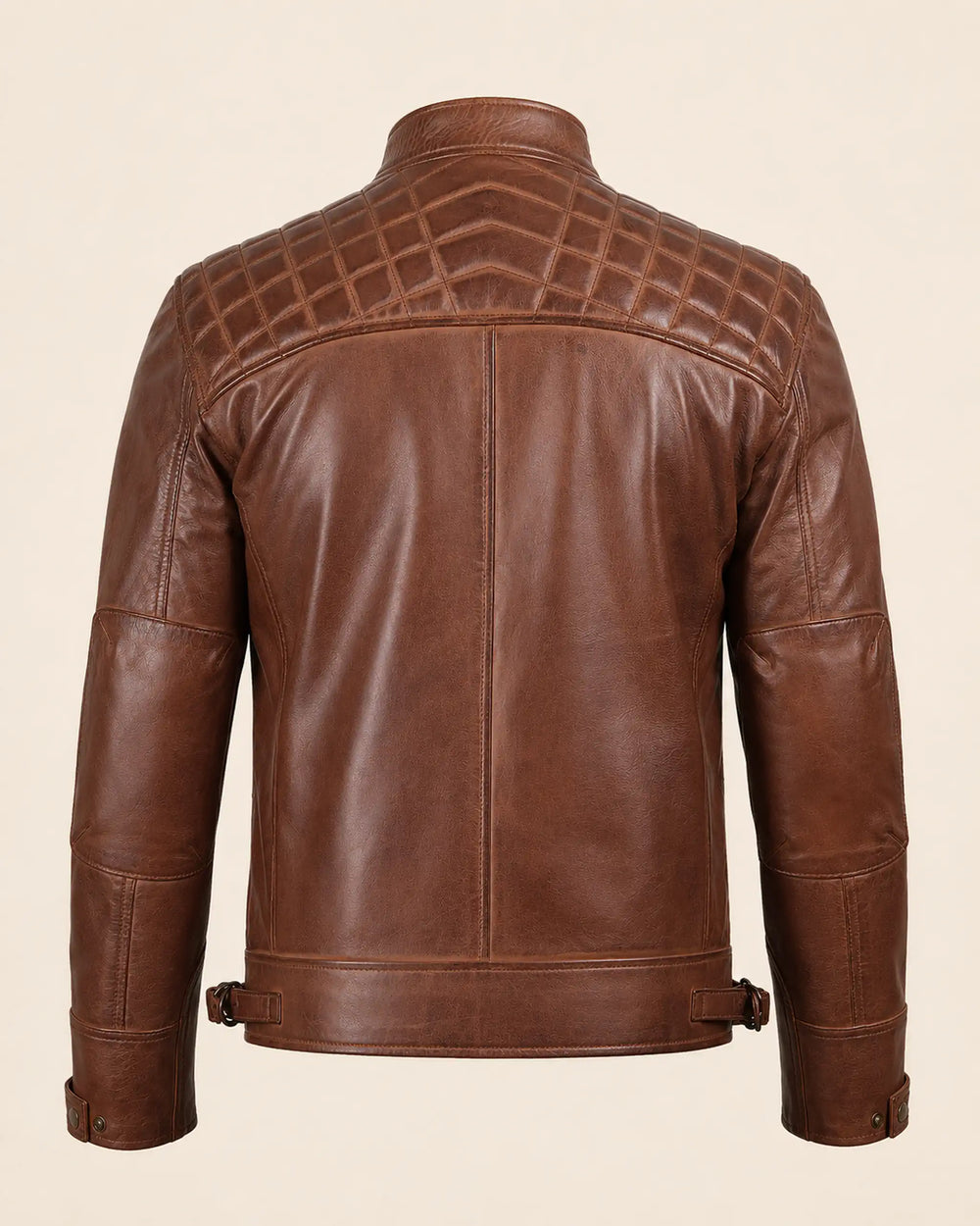 Refined Men's Cognac Café Racer Leather Jacket with Quilted Shoulders