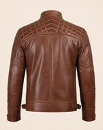 Refined Men's Cognac Café Racer Leather Jacket with Quilted Shoulders