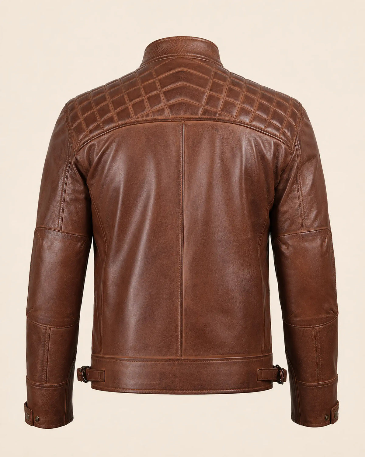 Refined Men's Cognac Café Racer Leather Jacket with Quilted Shoulders