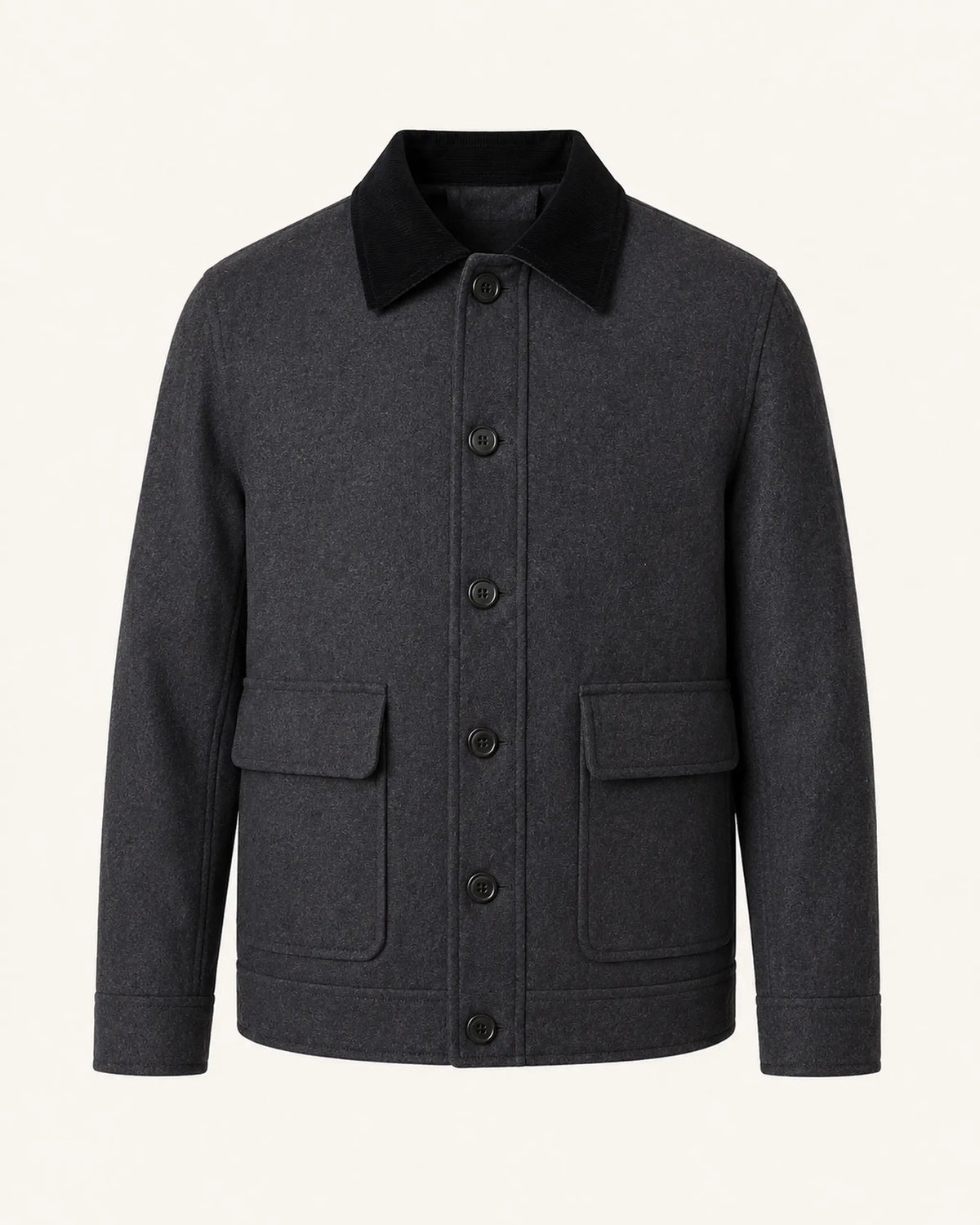 Classic Men's Charcoal Grey Wool Utility Jacket with Black Collar