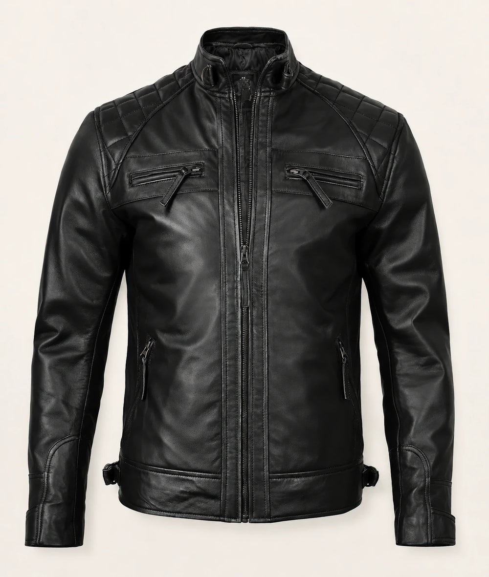 The Royal Men’s Black Lambskin Leather Biker Jacket with Quilted Shoulders