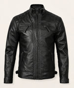 The Royal Men’s Black Lambskin Leather Biker Jacket with Quilted Shoulders