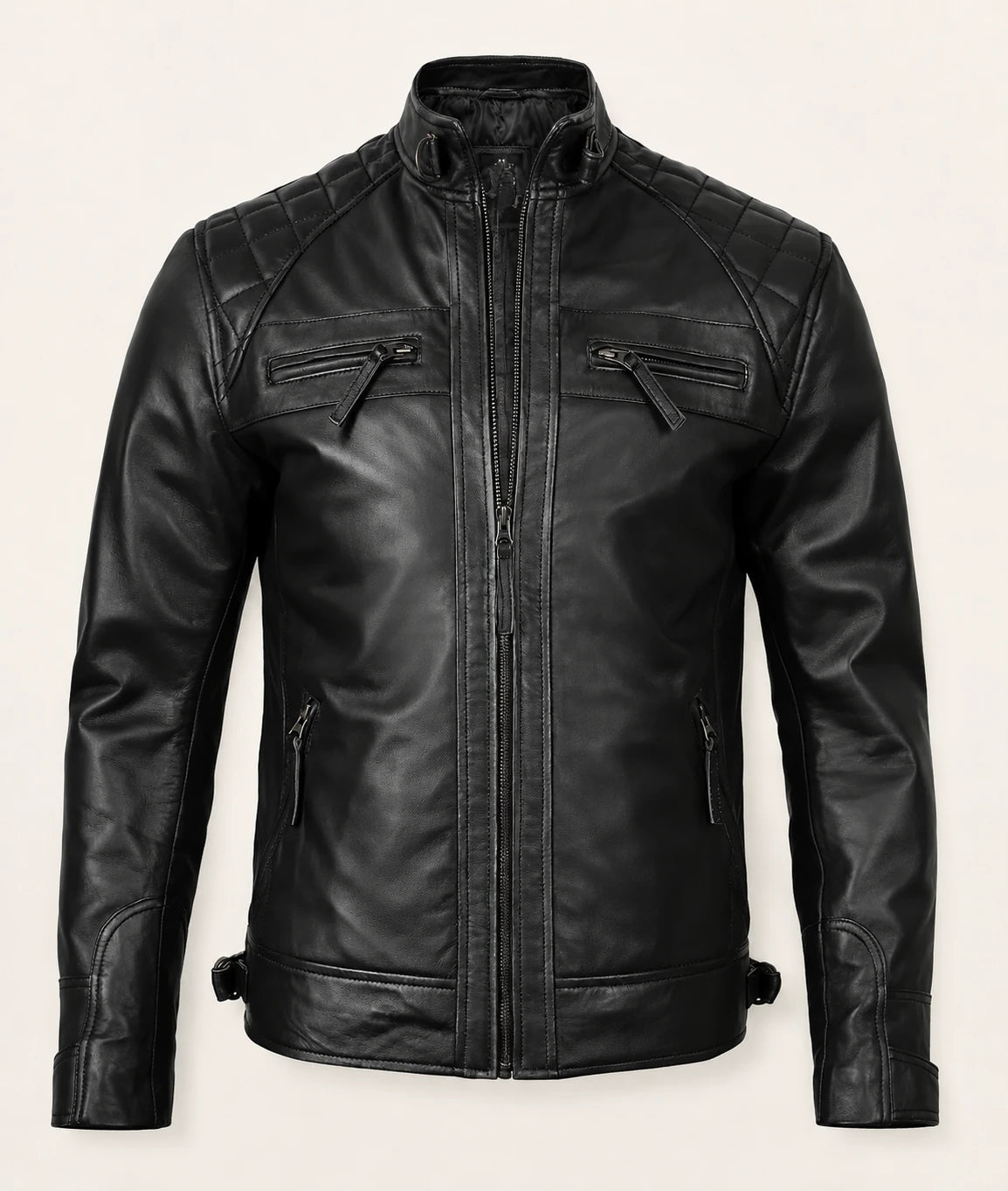 The Royal Men’s Black Lambskin Leather Biker Jacket with Quilted Shoulders