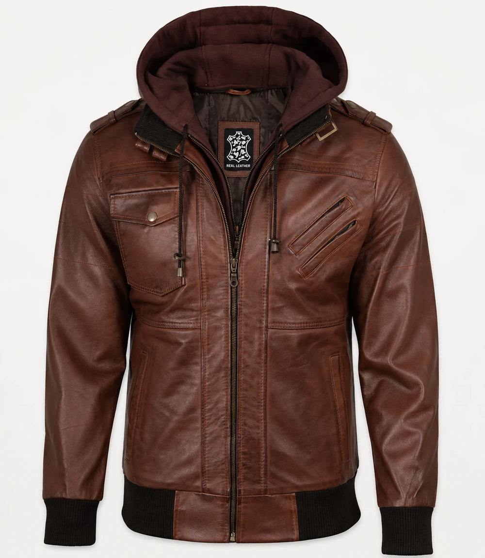 The Royal Men’s Cognac Real Lambskin Leather Bomber Jacket with Removable Hood