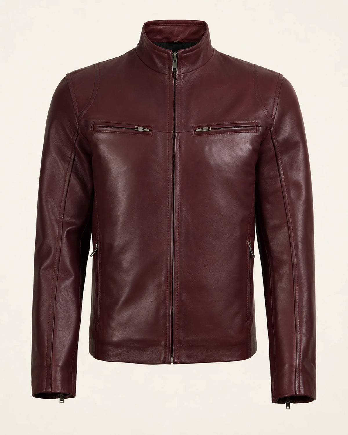 Premium Men's Maroon Leather Café Racer Biker Jacket