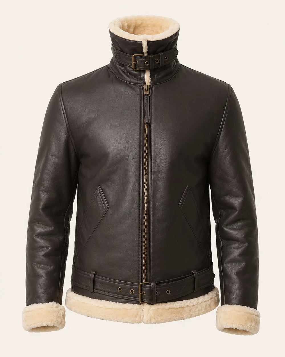 Classic Men’s Dark Brown Shearling Lined Leather Bomber Jacket