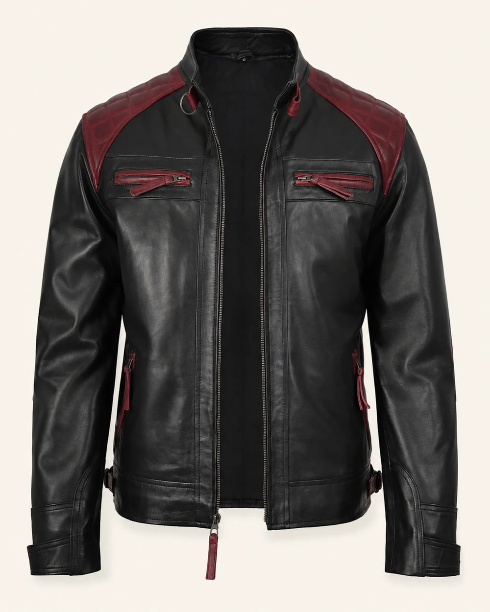 Elite Men's Black & Maroon Quilted Leather Biker Jacket