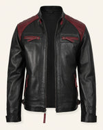 Elite Men's Black & Maroon Quilted Leather Biker Jacket