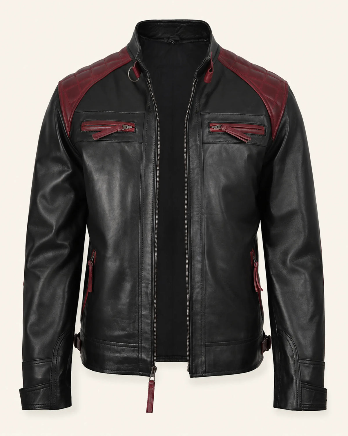 Elite Men's Black & Maroon Quilted Leather Biker Jacket