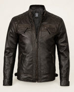 Heritage Men's Black Leather Biker Jacket with Quilted Shoulders