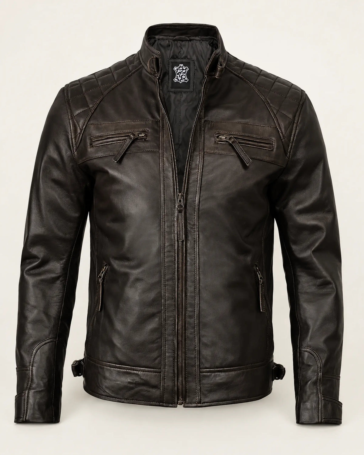 Heritage Men's Black Leather Biker Jacket with Quilted Shoulders